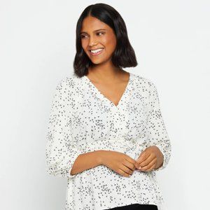 Motherhood Maternity Button Front V-Neck Maternity Blouse - White Print - Size L
